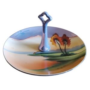 Vintage Japan Chikaramachi Hand Painted 7” Luster Serving Tidbit Plate W/Handle
